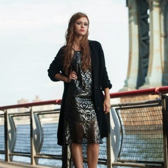 BCBGeneration Dresses & Skirts - BCBG Halter High Low Black & Silver Sequin Dress
